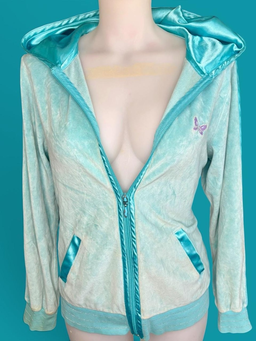 Y2K blue & white velour butterfly zip up hoodie